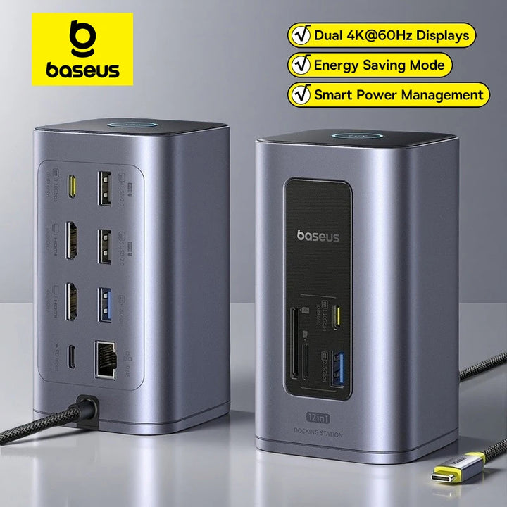 Baseus 12-in-1 USB C HUB to HDMI 4K@60Hz Dual Display USB 3.2 Adapter with RJ45 SD TF PD 100W Docking Station for Window Mac Hub