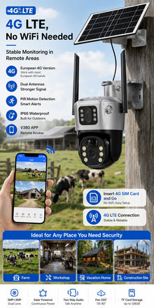 Solar 4G Security Camera 3MP+3MP Dual Lens PTZ IP66 Outdoor PIR Motion Detection V380 App No WiFi Wireless CCTV Camera Home Farm