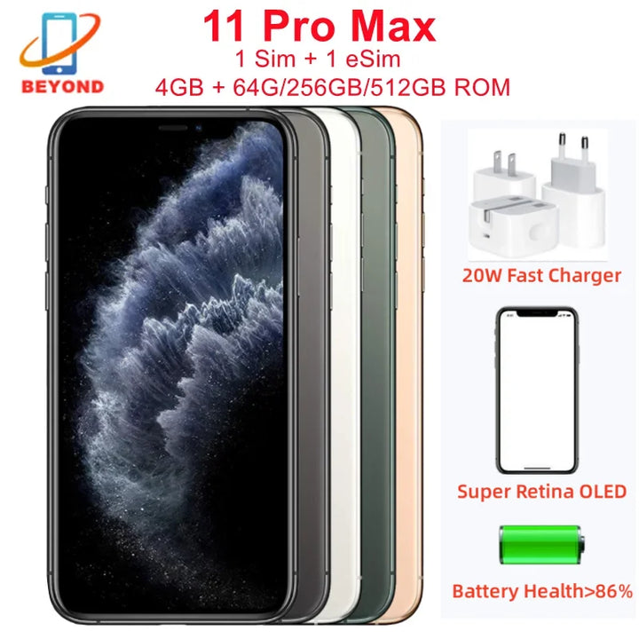 Apple iPhone 11 Pro Max 64GB 256GB 6.5" Super Retina XDR OLED original, Face ID, A13 Bionic, 4G, teléfono 98% nuevo, cargador rápido de 20W