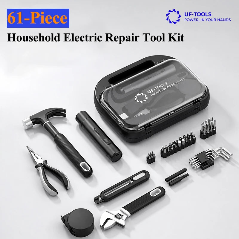 61 in 1 Electric Screwdriver Set Tape Measure Wrench Pliers Hammer Multi Function Toolbox Engineering Box Home Repair Tool Set