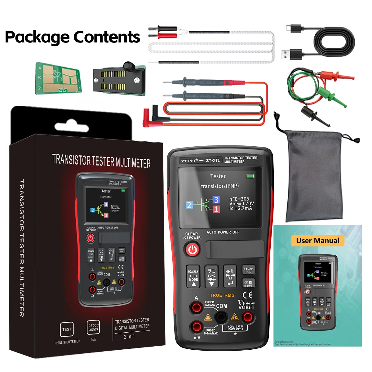 ZOYI ZT-XT1 Digital Multimeter Transistor Tester True RMS Meter NPN PNP Test Voltage Resistance Capacitance Frequency Tool