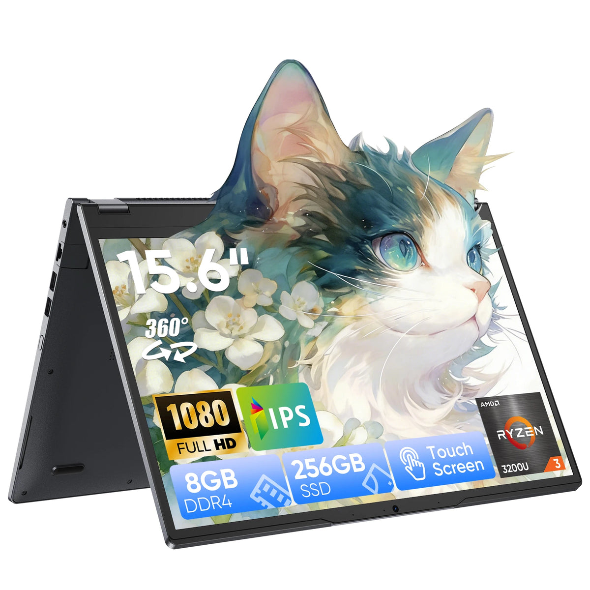 2-in-1 Laptop, 15,6" 8 GB 256 GB Touchscreen, AMD Ryzen R3 3200U, Radeon Vega 3, 1920x1080 FHD Display, Tastatur mit Hintergrundbeleuchtung