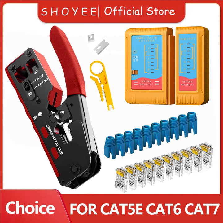 Rj45 Rj12 Rj11 Pass Through Crimp Plier Cat7 Cat6 Cat6A Cat5 Cat5e Stripping Crimping Tool with 8P/6P Ethernet Connectors