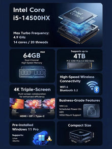 Acemagic H2 Mini Pc - Intel Core I5-14500Hx - 16(8+8)Gb Ddr4 512Gb Ssd - Mini Computers(4.9Ghz，14C/20T) - Mini Desktop Pc-Windows 11 Pro - Wifi6 - 55W