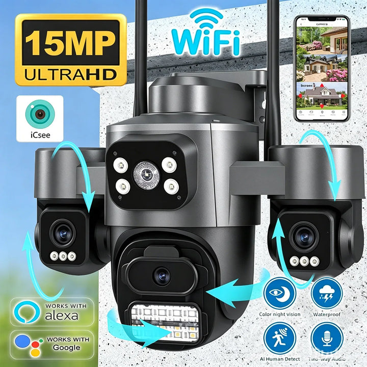 3-Lens 15MP Security Camera 3-HD Screen PTZ Outdoor WiFi IP Cam with Auto Tracking IP66 Waterproof 2-Way Audio CCTV Surveillance