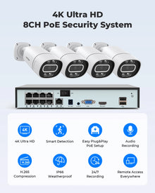 H.View 4K 5Mp 8Mp Poe CCTV Security Camera System Home Video Surveillance Kit 8Ch NVR Audio Outdoor IP Camera XMEYE App
