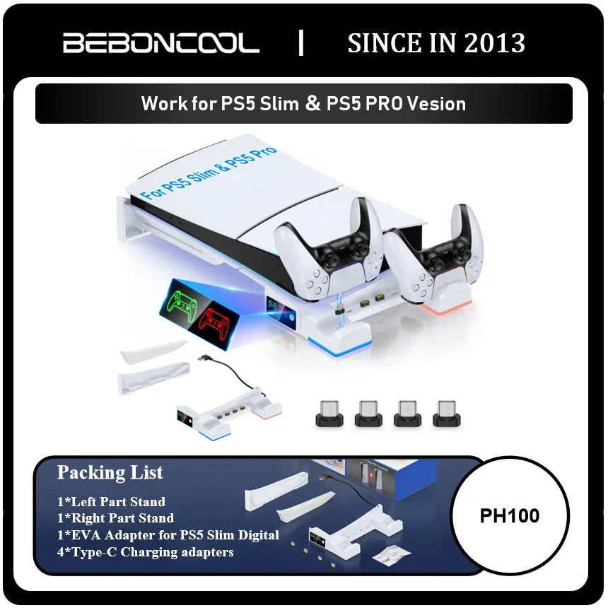 BEBONCOOL PH100 for PS5 Pro/Slim Digital / Disc Version Horizontal charging brack with lights Suitable For PS5 accessories
