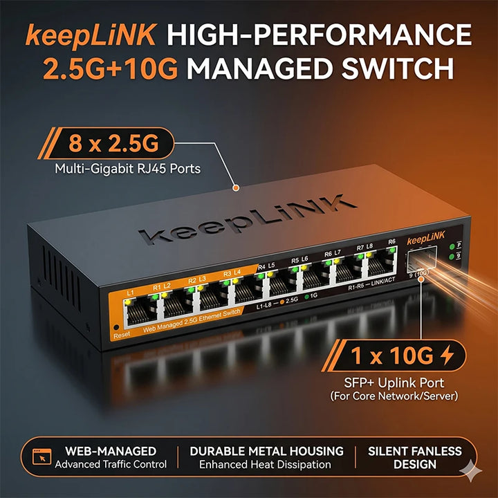 KeepLiNK 9-Port 2.5G Web Managed Switch | 8x 2.5GbE + 1x 10G SFP+ Uplink | Multi-Gigabit Network Ethernet IGMP Snooping