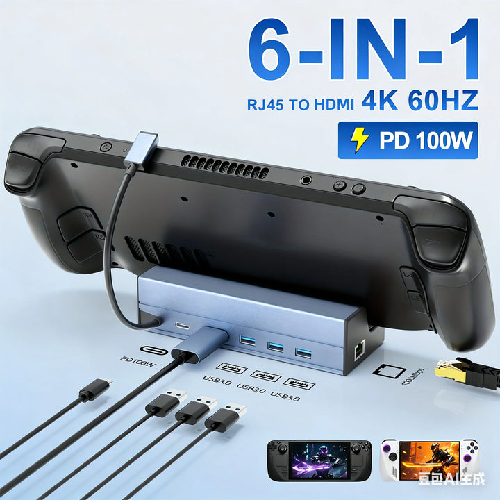 6-in-1 Steam Deck Docking Station 4K HDMI 2.0 Gigabit Ethernet LAN 3x USB 3.0 PD 60W Charging Hub Dock Base Stand for Steam Deck