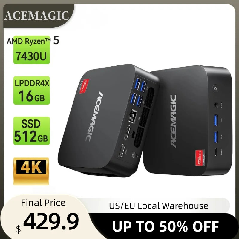 ACEMAGIC Mini PC AMD Ryzen 5 7430U 6C/12T 4.3GHz 16GB LPDDR4x 512GB NVMe SSD WiFi 6 BT5.2 Triple 4K Display HDMI DP Desktop PC
