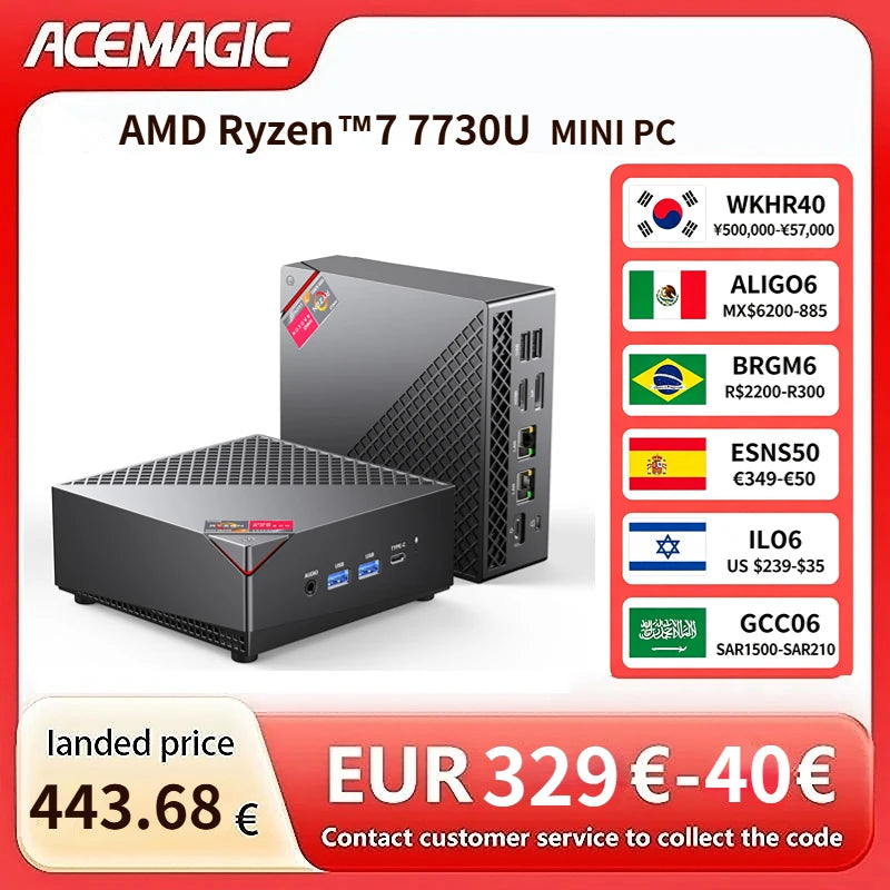 ACEMAGIC AMD Ryzen 7 7730U Mini PC 32GB RAM 512GB SSD Dual M.2 Triple 4K WiFi 6 High Performance Business Desktop PC Computer