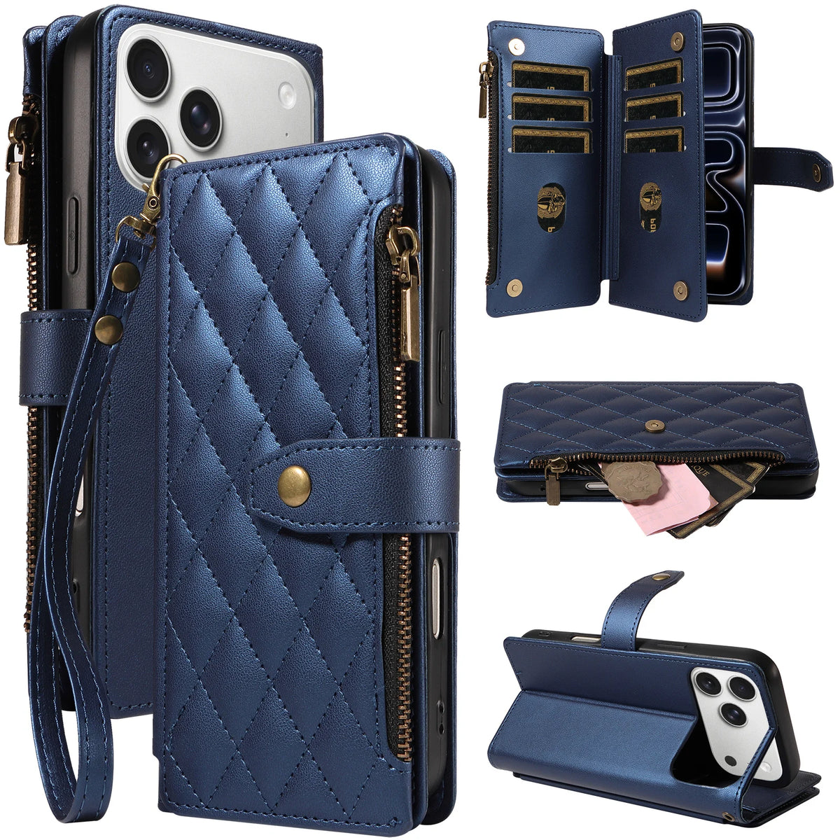 Flip Cover Embroidered Wallet Case for iPhone 18 Pro Max 17 Pro 16 Plus 15 14 13 Mini 12 11 Pro with Multiple Card Slots, Zipper for Coins, Portable Wrist Strap, Faux Leather Protective Case