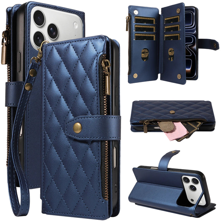 Flip Cover Embroidered Wallet Case for iPhone 18 Pro Max 17 Pro 16 Plus 15 14 13 Mini 12 11 Pro with Multiple Card Slots, Zipper for Coins, Portable Wrist Strap, Faux Leather Protective Case