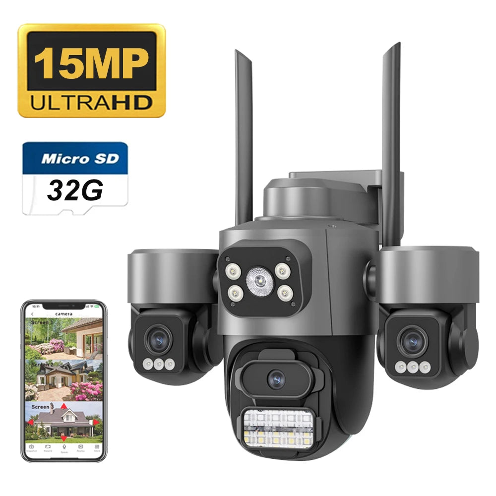 3-Lens 15MP Security Camera 3-HD Screen PTZ Outdoor WiFi IP Cam with Auto Tracking IP66 Waterproof 2-Way Audio CCTV Surveillance