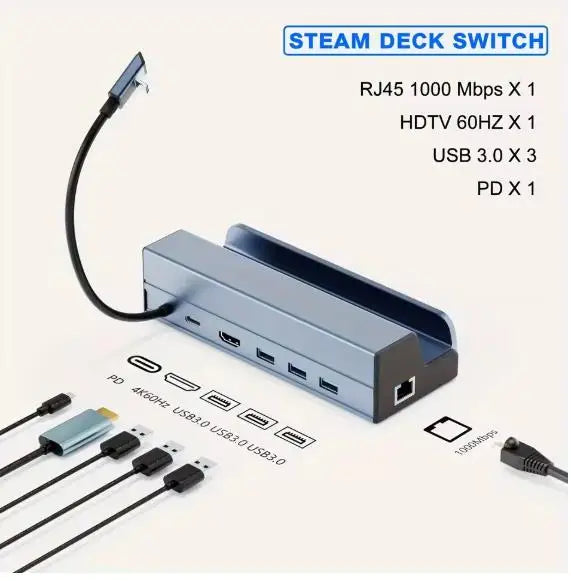 6-in-1 Steam Deck Docking Station 4K HDMI 2.0 Gigabit Ethernet LAN 3x USB 3.0 PD 60W Charging Hub Dock Base Stand for Steam Deck