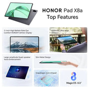 Versión Global HONOR Pad X8a 11 pulgadas, Alta tasa de refresco, Protección ocular, Batería de 8300 mAh, Cuatro altavoces de gran amplitud, Mejora de voz