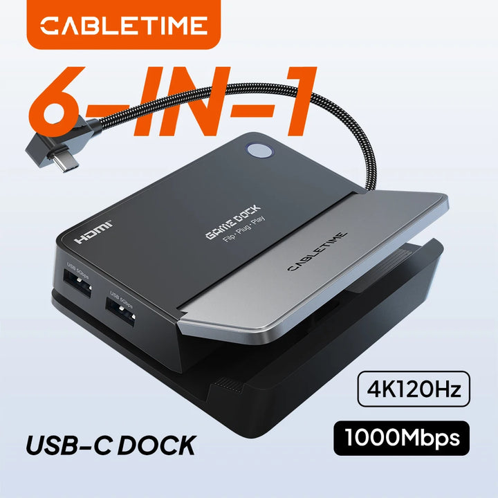 CABLETIME USB C Hub Docking Station Game Dock HDMI 4K 120Hz RJ45 Gigabit LAN 1000W for Nintendo Switch 1/2 Steam Deck OLED