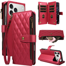 Flip Cover Embroidered Wallet Case for iPhone 18 Pro Max 17 Pro 16 Plus 15 14 13 Mini 12 11 Pro with Multiple Card Slots, Zipper for Coins, Portable Wrist Strap, Faux Leather Protective Case
