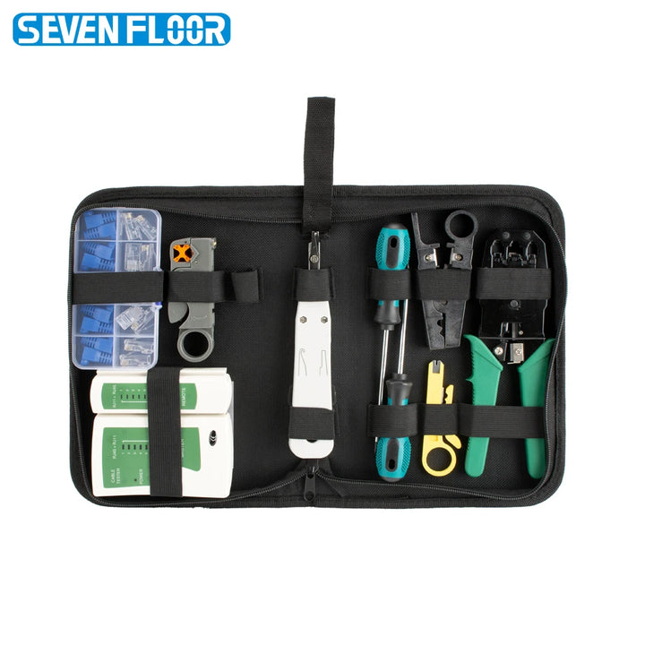 RJ45 Crimpwerkzeug-Set, Netzwerk-Kabeltester für RJ45/RJ11, Abisolierer, Auflegewerkzeug, Schraubendreher, 10x Cat5-Stecker mit Knickschutztüllen