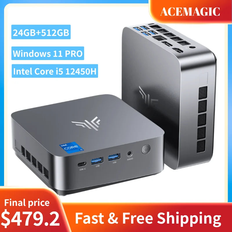 ACEMAGIC Mini PC Intel Core i5-12450H 8C/12T up to 4.4GHz Windows 11 Pro 24GB LPDDR5 512GB NVMe SSD Triple 4K Display WiFi 6 BT5