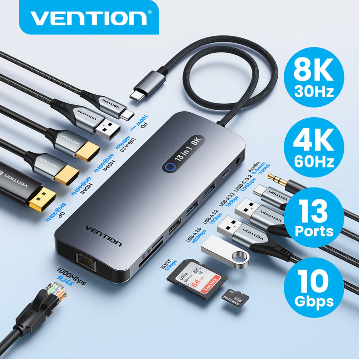Vention USB C 8K 4K DP HDMI Docking Station 13 in 1 USB 3.2 10Gbps HUB TF SD RJ45 HUB One Touch Screen Off for MacBook Windows