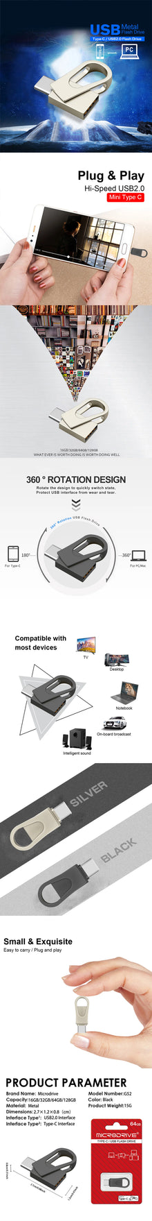 Mini TYPE C Metal 2 in 1 USB Flash Drives Business Gift Memory Stick Pen Drive Storage Devices 16GB 32GB 64GB 128GB Rotate Disk