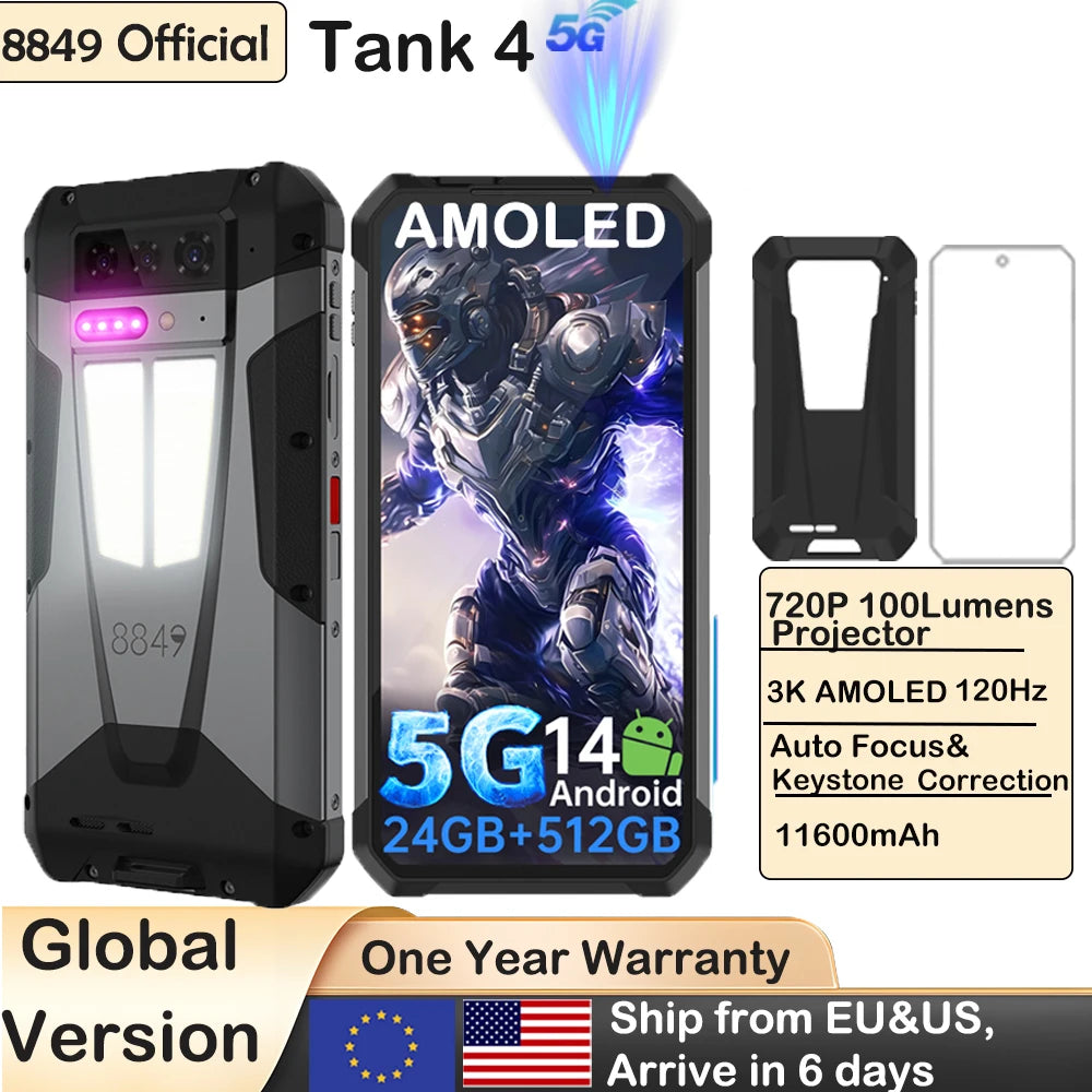 8849 Tank 4 Unihertz Rugged Smartphone With Projector 720P 100 Lumen 6.78'' AMOLED 512G 11600mAh Android14 Dimensity 7300 120Hz