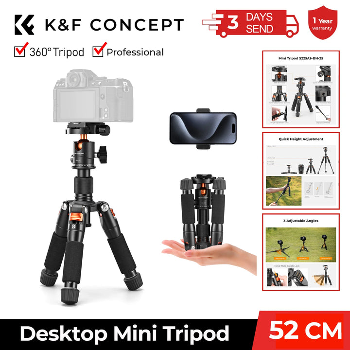 K&F CONCEPT 52cm Desktop Mini Tripod for Camera Compact Tripod 360° Low Profile Ball Head 1/4'' Screw for Camera Video Camcorder