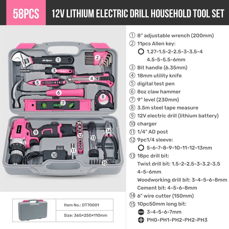 Hi-Spec Pink Electric Screwdriver Drills Kit Home Tool Kits Set Repair Electric Cordless Drills Complete Tool Box Kit Hammer