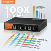Switch no gestionado KeepLiNK de 5 puertos 10GbE | Hub de red de escritorio 10G con carcasa metálica y ventilador silencioso