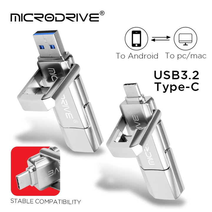 TYPE-C Dual interface Metal Pen Drive 32GB 64GB 128GB Waterproof USB 3.2 Rotating Structure USB Flash Drives Memory Stick U Disk