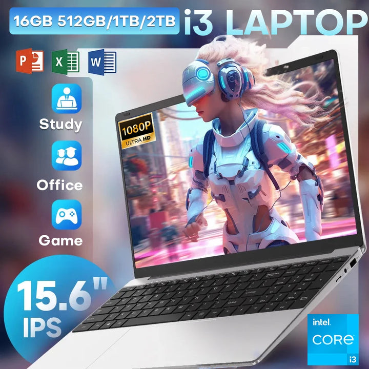 Portátil Intel de 15.6 pulgadas ultrafino Intel Core I3 6100U 16GB RAM 1TB 2TB SSD Ordenador PC para oficina y estudio Windows 11 Pro