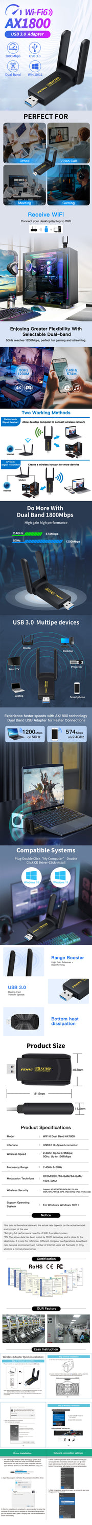 Adaptador WiFi 6 USB FENVI 1800Mbps de doble banda 2.4G/5GHz, receptor WiFi inalámbrico, tarjeta de red tipo Dongle USB 3.0 para portátil y PC con Win 10/11