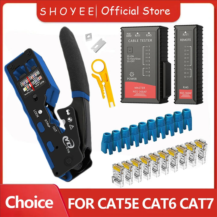 RJ45 Crimp Tool Kit Pass Through Cat6 Crimping Tool For Cat5 Cat5e Cat6 8P8C Connector, All-in-one Ethernet Crimper