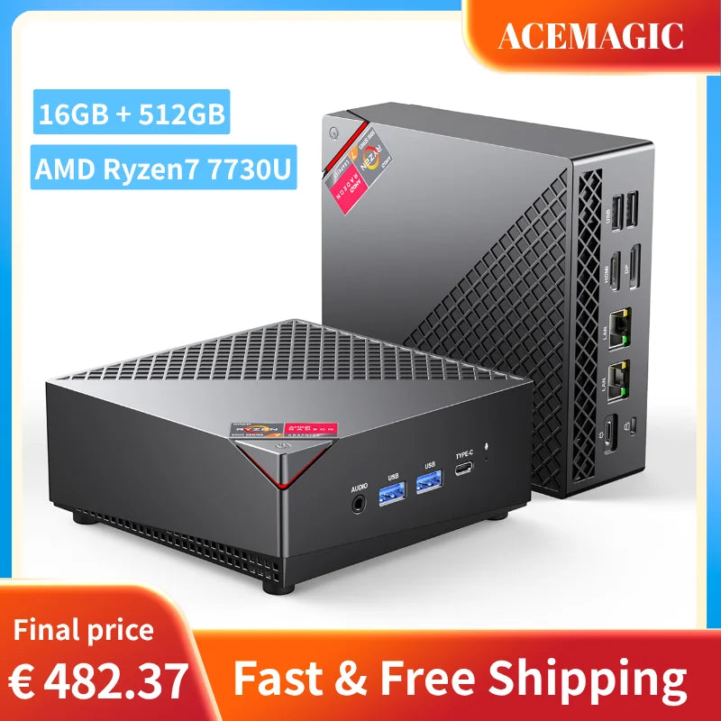 ACEMAGIC Mini PC AMD Ryzen 7 7730U 8C/16T up to 4.5GHz Windows 11 Pro 32GB DDR4 512GB NVMe SSD Triple 4K Display WiFi 6 BT5.2