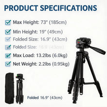 Professional 73 Inch Camera Tripod Heavy Duty Stand with Phone Holder Travel Bag for DSLR SLR DV Projector Photography