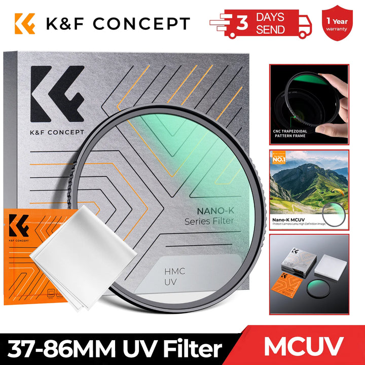K&F CONCEPT 37-105mm UV Filter Lens MC Ultra Slim Optics with Multi Coated Protection 37mm 49mm 52mm 58mm 62mm 67mm 77mm 82mm