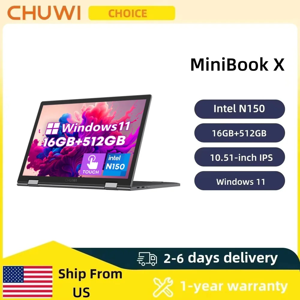CHUWI Touch Screen Laptop MiniBook X 2-in-1 Laptop Intel N150 512GB ROM 16GB LPDDR5 10.51" 2K FHD IPS Windows 11 Work Notebook