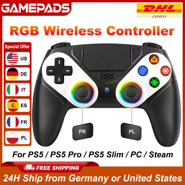 RGB-Gamepad für Playstation 5/PS5 Pro/Slim/PC, kabelloser PS5-Controller, 3D-Spiel-Joystick, Dual-Vibration, Makro-/Turbo-Funktion