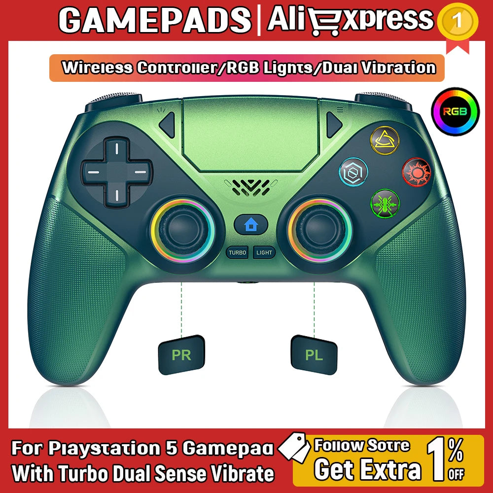 For Playstation 5/PS5 Pro/Slim/PC RGB Light Wireless Console Controller Gamepad Dual Vibration Marco/Turbo Function Programming