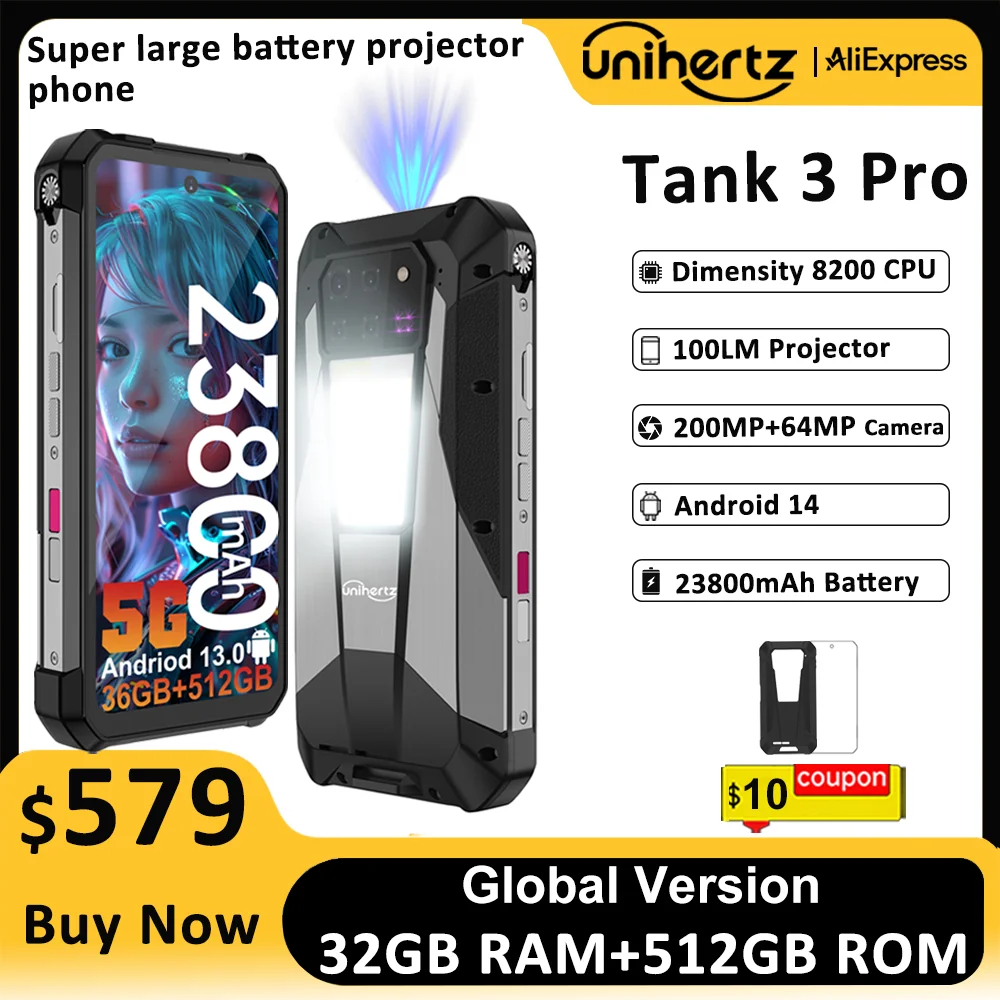 Unihertz Tank 3 Pro 8849 Rugged 5G Phone with 100 Lumens Projector Android 14 32GB 512GB 23800mAh Waterproof Phone WIFI 6 NFC