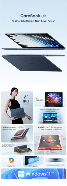 CHUWI Laptop Corebook Air AMD Ryzen 5 6600H 14 '' IPS Display 6 Cores 12 Threads 1kg Ultra-Light 9-16mm Ultra-Thin Notebook 1920x1200 Resolution Windows 11 Pro