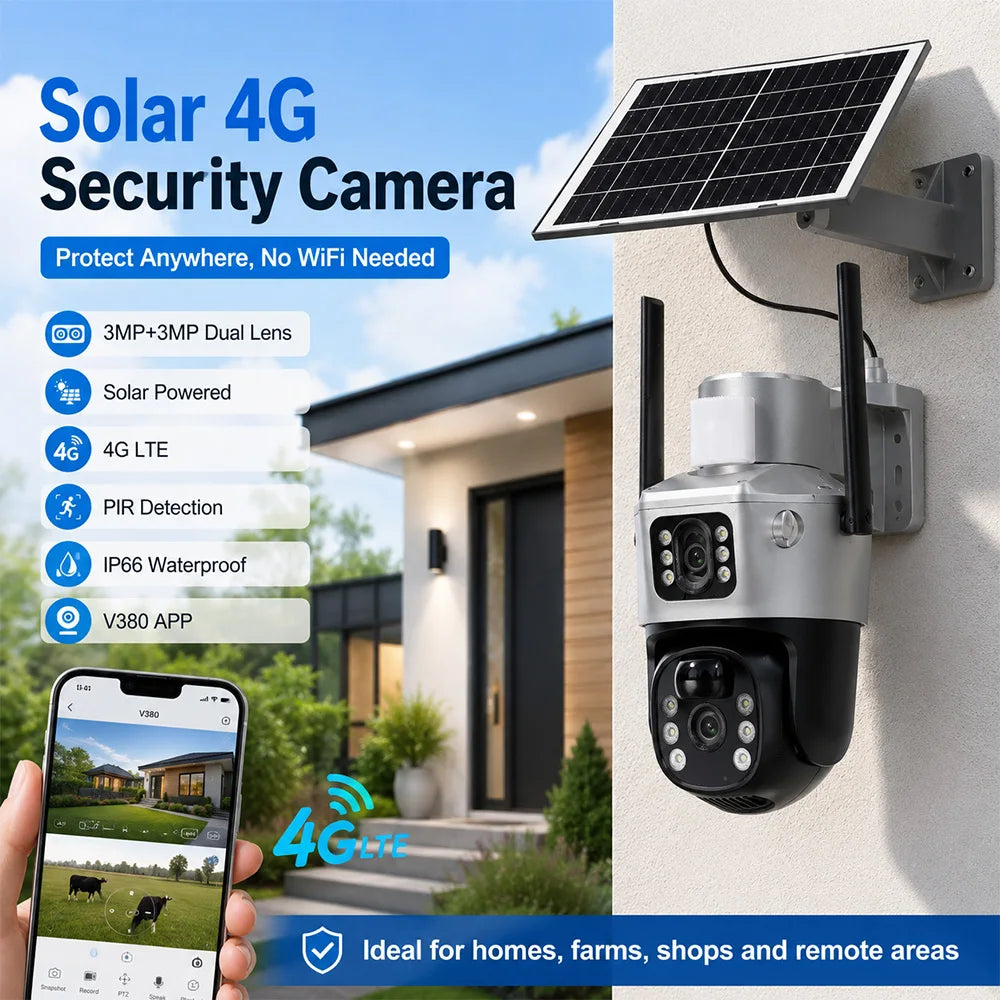 Solar 4G Security Camera 3MP+3MP Dual Lens PTZ IP66 Outdoor PIR Motion Detection V380 App No WiFi Wireless CCTV Camera Home Farm
