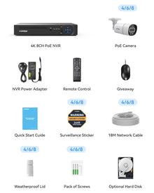 H.View 4K 5Mp 8Mp Poe CCTV Security Camera System Home Video Surveillance Kit 8Ch NVR Audio Outdoor IP Camera XMEYE App