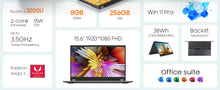 2-in-1 Laptop, 15,6" 8 GB 256 GB Touchscreen, AMD Ryzen R3 3200U, Radeon Vega 3, 1920x1080 FHD Display, Tastatur mit Hintergrundbeleuchtung