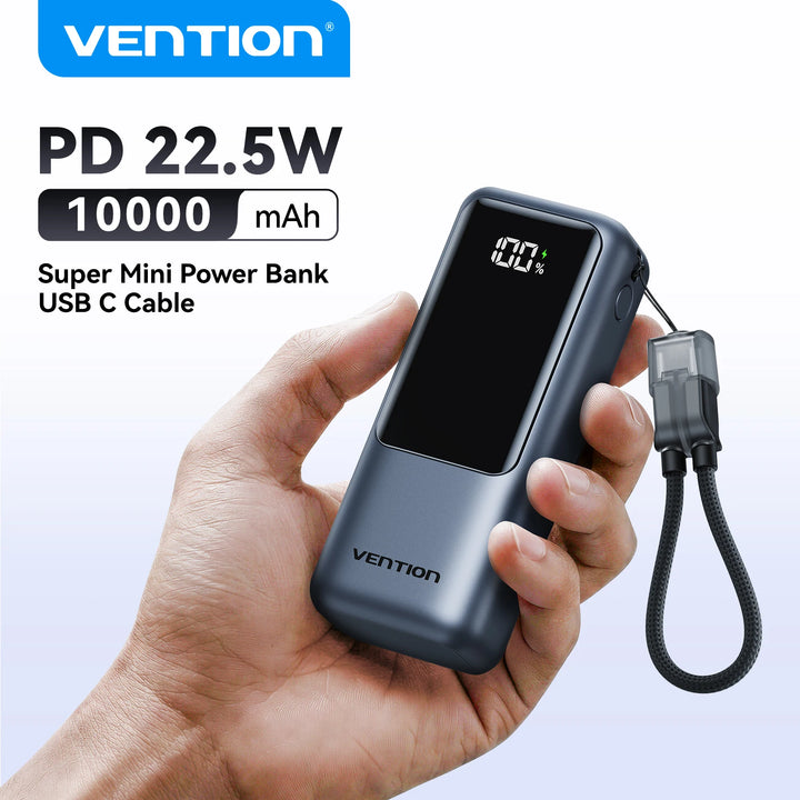 Mini batería externa Vention de 10000 mAh, cargador portátil de 22.5 W con cable USB-C integrado, carga rápida PD 3.0 para iPhone 17, Samsung S25 y S24