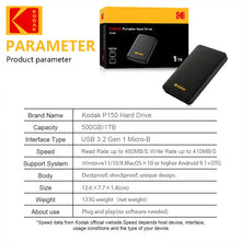 KODAK Portable HDD 500G 1TB External Hard Drive 5Gbps High-Speed Portable Game Hard Drive for PS4/PS3/PS2/PS1/Switch