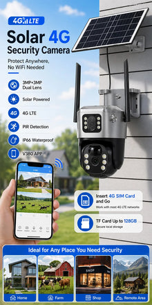 Solar 4G Security Camera 3MP+3MP Dual Lens PTZ IP66 Outdoor PIR Motion Detection V380 App No WiFi Wireless CCTV Camera Home Farm