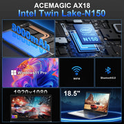 KAMRUI Portátil de 18,5" con batería de 8000 mAh, procesador Intel N150 de 4 núcleos, 16 GB DDR4, SSD de 512 GB, Win11 Pro, WiFi5, computadora portátil plegable a 180° para oficina en casa