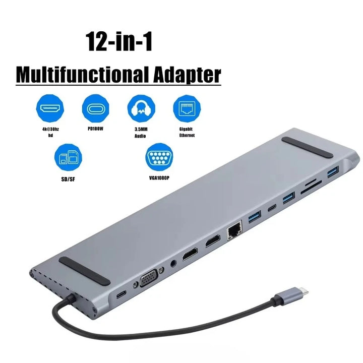 12 in 1 USB-C Docking Station Triple Monitor with HD1.4*2+VGA+USB3.0/2.0+RJ45 100M+SD/TF+PD+TYPE C for Mac Pro/Air DELL ASUS